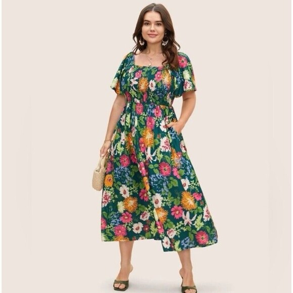 BLOOMCHIC Floral Dress Size US 22-24 UK 26-28 EU 52-54 EEUC Smocked Multicolor - Picture 1 of 8